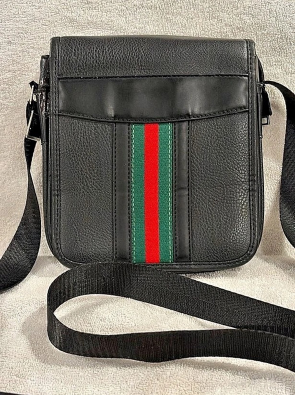 Black & Green Stripe Crossbody Messenger Bag Faux Leather